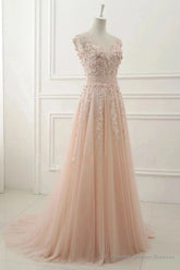 A Line Sheer Neck Cap Sleeves Tulle Prom Dresses With Appliques